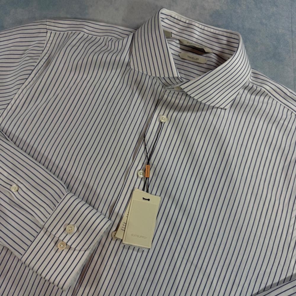 Suitsupply Dress Shirt Mens 17L White Blue NWT Extra Slim Fit Traveller H9009U16